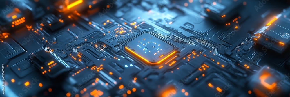 Canvas Prints Futuristic Circuit Board with Glowing Chip - A close-up of a futuristic circuit board with a glowing chip in the center, symbolizing technology, innovation, connectivity, data processing, and progress