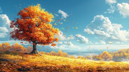 Fototapeta premium A stunning golden autumn tree with leaves gently falling surrounds a serene countryside landscape, epitomizing the peaceful beauty and change of the fall season.