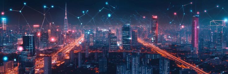 Futuristic Cityscape with Interconnected Network at Night - A modern cityscape illuminated at night, showcasing a network of interconnected lines symbolizing communication, technology, and urban devel