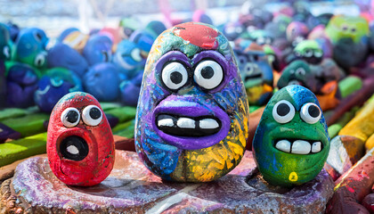 Fototapeta premium Painted stone monsters craft as a symbol for diversity.