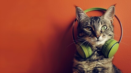 Cute Tabby Cat with Green Headphones against Deep Orange Background - Concept Art for Posters and Cards