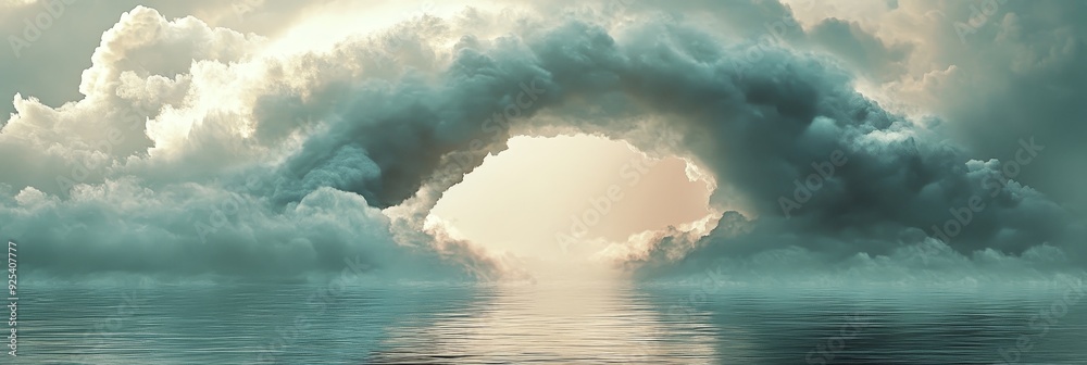 Poster Heavenly Gateway Through Clouds Over Calm Sea - A serene image depicting a majestic cloud formation creating a gateway to the heavens above a still and calm ocean. The clouds represent hope, the gatew