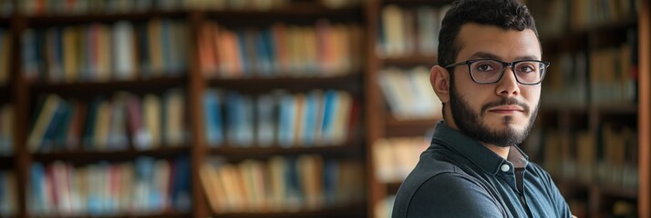 A determined researcher with glasses stands surrounded by shelves of academic books, representing dedication to the pursuit of knowledge.