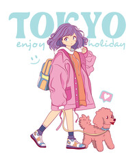 Cute manga girl and toy poodle illustration.T shirt graphics for girls.Cool anime girl character.​Japanese style, Cute manga girl drawing.Korean vector girl child.Animal print.Tokyo slogan.Cute dog
