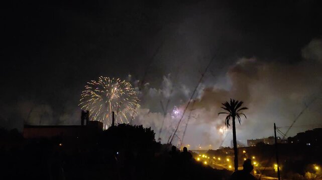 fireworks over the Elche city in Spain.