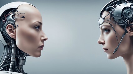 Woman opposite AI. The concept of confrontation between humanity and artificial intelligence. Machine vs human: AI robot and man facing each other.