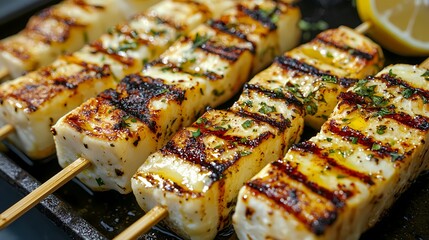 Grilled Halloumi Skewers with Herbs and Lemon.