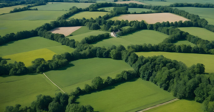 Aerial view of countryside with trees dividing the fields in spring