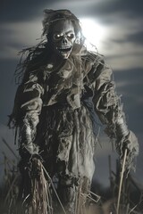 Fototapeta premium Terrifying Scarecrow with Glowing Eyes Under Full Moon in Desolate Field - Perfect for Halloween Designs