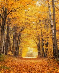 Fototapeta premium A golden autumn forest pathway surrounded by tall trees with vivid yellow leaves.