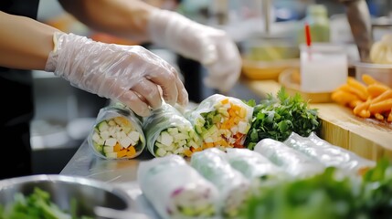 Fresh Vegetable Spring Rolls Being Prepared.