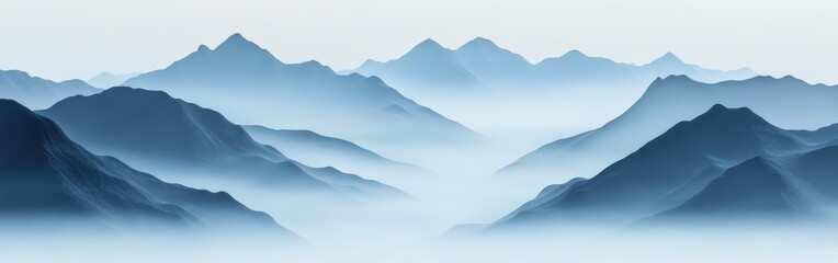 Fog envelops mountain range at noon creating a serene landscape