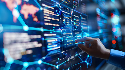 Blue Abstract Background with Hand Interacting with Digital Data