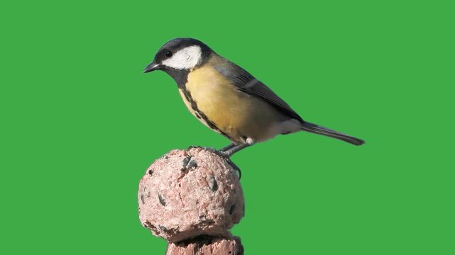 Great tit pecking food on a green screen, slow motion