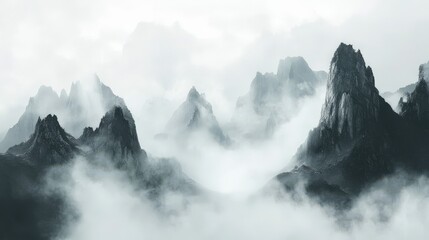 Obraz premium Fog envelops majestic mountains at noon, creating a mystical atmosphere