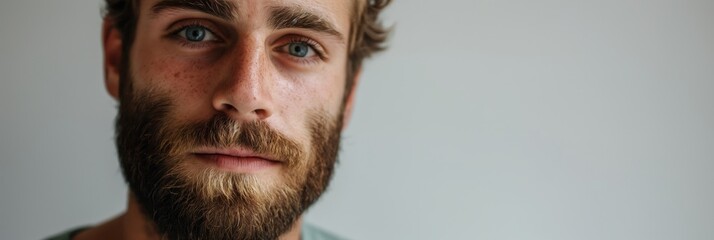 Obraz premium A close-up portrait of a bearded man against a plain background, featuring a contemplative expression and emphasizing simplicity and focus.