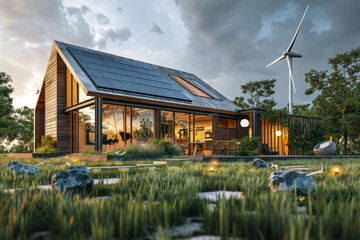 Obraz premium Advanced Sustainable Living: Zero Energy Home with Solar Panels, Wind Turbines, and Battery Storage Systems