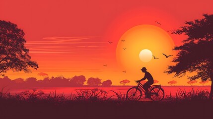 Obraz premium A man rides his bicycle at sunset, silhouetted against a fiery orange sky with the sun and trees.