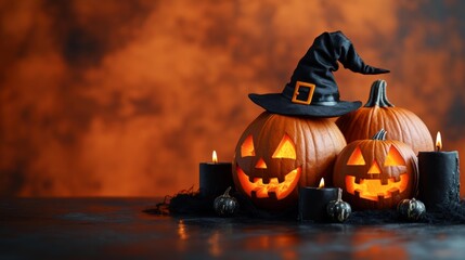 Halloween pumpkins with candles and witch hat - generative ai