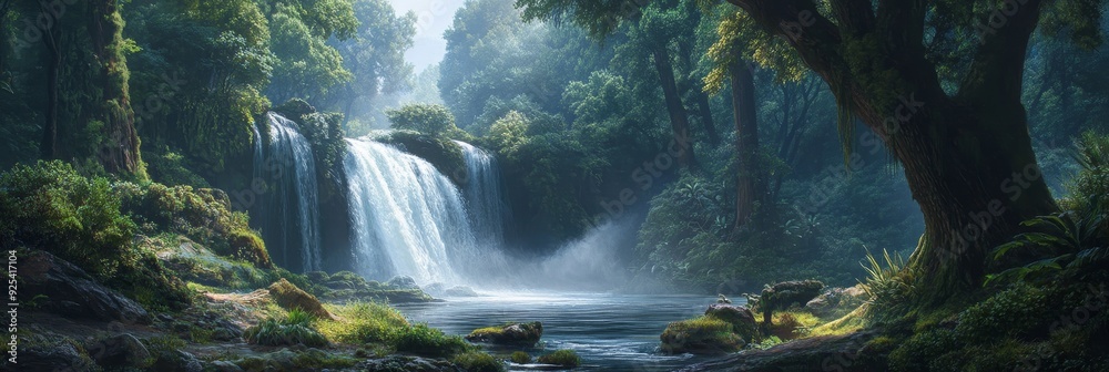 Wall mural Tranquil Waterfall in Lush Rainforest - A serene waterfall cascades down a rocky cliff, creating a misty pool in the heart of a lush rainforest. Sunlight filters through the dense canopy, illuminating