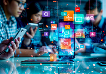 Couple of people sitting at table with cell phones in front of them.