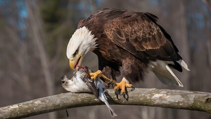 Naklejka premium Bald Eagle Perched on Branch in Nature, Devouring Prey Between Claws, Realistic Photo, Pattern Background, Wallpaper, Cover and Screen for Smartphone, Cell Phone, Computer, Laptop