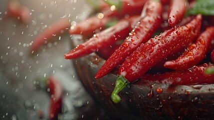 Overhead Shot of Hot Peppers with visible Water Drops.
