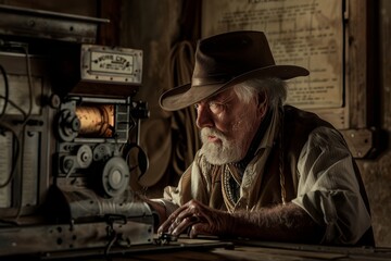 Fototapeta premium Wild West Telegraph Operator Receiving Urgent Message - Historical Communication Concept