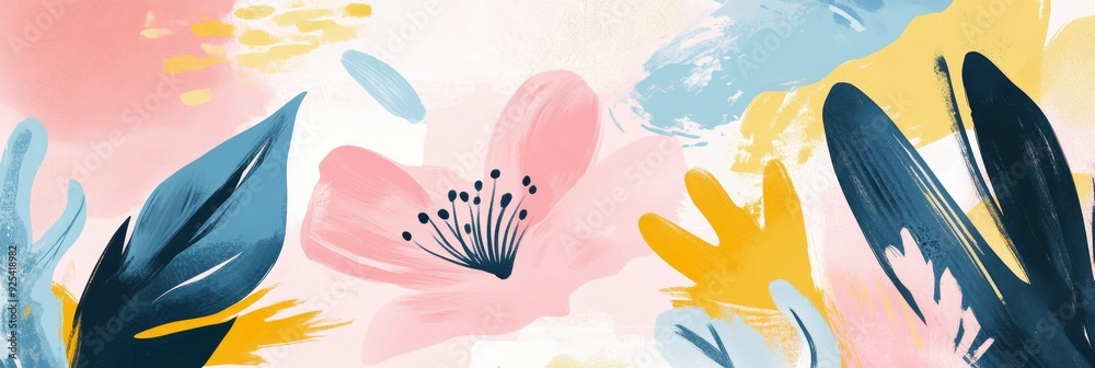 Sticker Abstract Floral Watercolor Background with Delicate Blooms and Blue Leaves - This abstract watercolor painting features delicate pink flowers, lush blue leaves, and vibrant splashes of yellow and blue