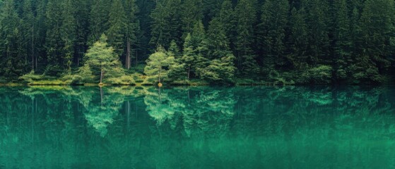 A serene lake reflecting a dense forest under a calm atmosphere. The main colors are green and turquoise.