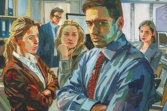 Toxic Workplace Dynamics: Stressed Employees Avoiding Eye Contact in a Tense Office Environment