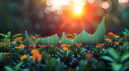 Green Growth Chart with Orange Flowers 3D Illustration