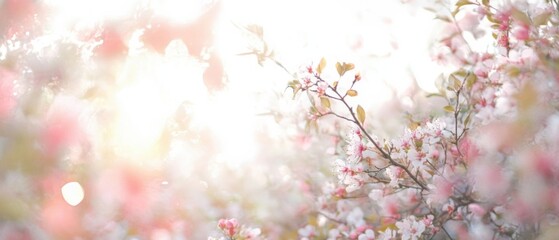 Bright and dreamy cherry blossoms glowing in sunlight, with pink and white flowers creating a soft, serene ambiance.
