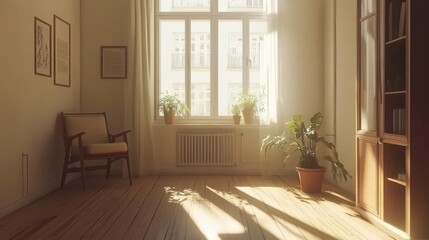 Cozy minimalist living room with natural light and plants