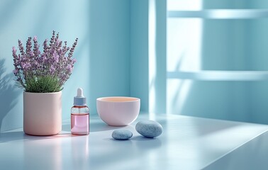 Wellness Products with Lavender, Essential Oil Dropper, and Stones on pastel color background for...