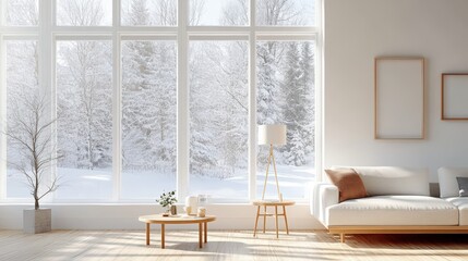 Cozy minimalist living room with large windows overlooking snowy landscape