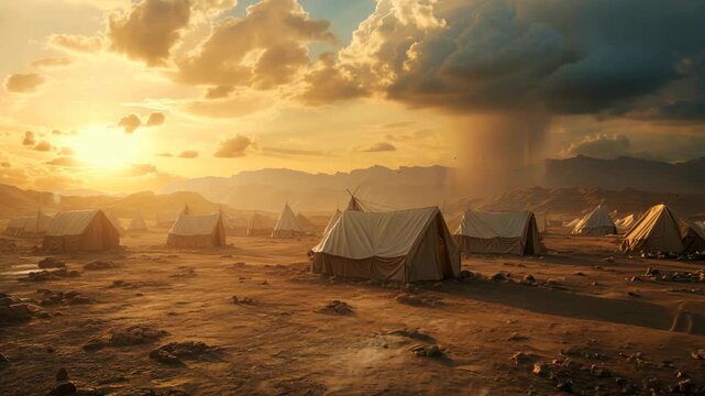 ancient Israelis people live in tent during wandering in desert, big cloud shade over the camp, old testament believer concept theme,