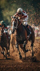 Thrilling Horse Race Action: Jockeys and Horses in Mid Stride on a Dirt Track