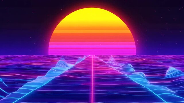 Retro Synthwave Sunset Over Ocean Waves at Dusk Generative AI