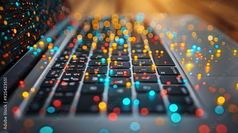 Poster futuristic computer keyboard with colorful digital data streams - internet technology and innovation