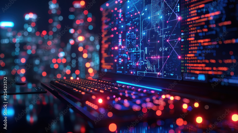 Poster futuristic digital software development: nighttime coding on display with neon lights and cityscape 