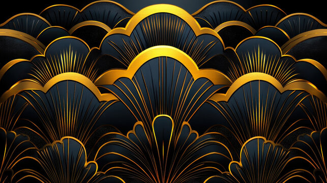 Golden Art Deco Pattern with Geometric Shapes and Swirls, Luxurious Gatsby-Inspired Vintage Design, Linear Retro Ornament, Black and Gold Abstract Background for Elegant Graphic and Decorative Arts