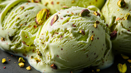 Fototapeta premium Creamy Close-Up of Pistachio Ice Cream with Nut Toppings on a Dark Background, Indulgent Dessert, Freshly Scooped, Delicious Summer Treat, Food Photography for Culinary and Sweet Cuisine Enthusiasts