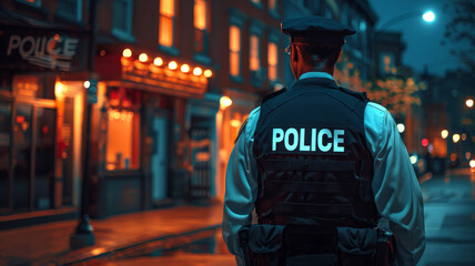 Police officer patrolling urban city street at night