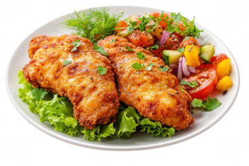 Delicious fried fish fillets served on a bed of fresh lettuce alongside a colorful salad, transparent background