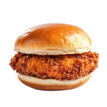 Delicious crispy fried chicken sandwich with a soft bun, transparent background