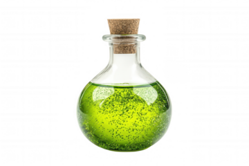 A vibrant green liquid in a glass flask, transparent background