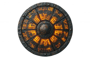 A mystical stone shield featuring glowing symbols in a circular design, transparent background