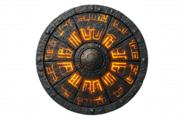 A mystical stone shield featuring glowing symbols in a circular design, transparent background