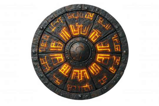 A mystical stone shield featuring glowing symbols in a circular design, transparent background